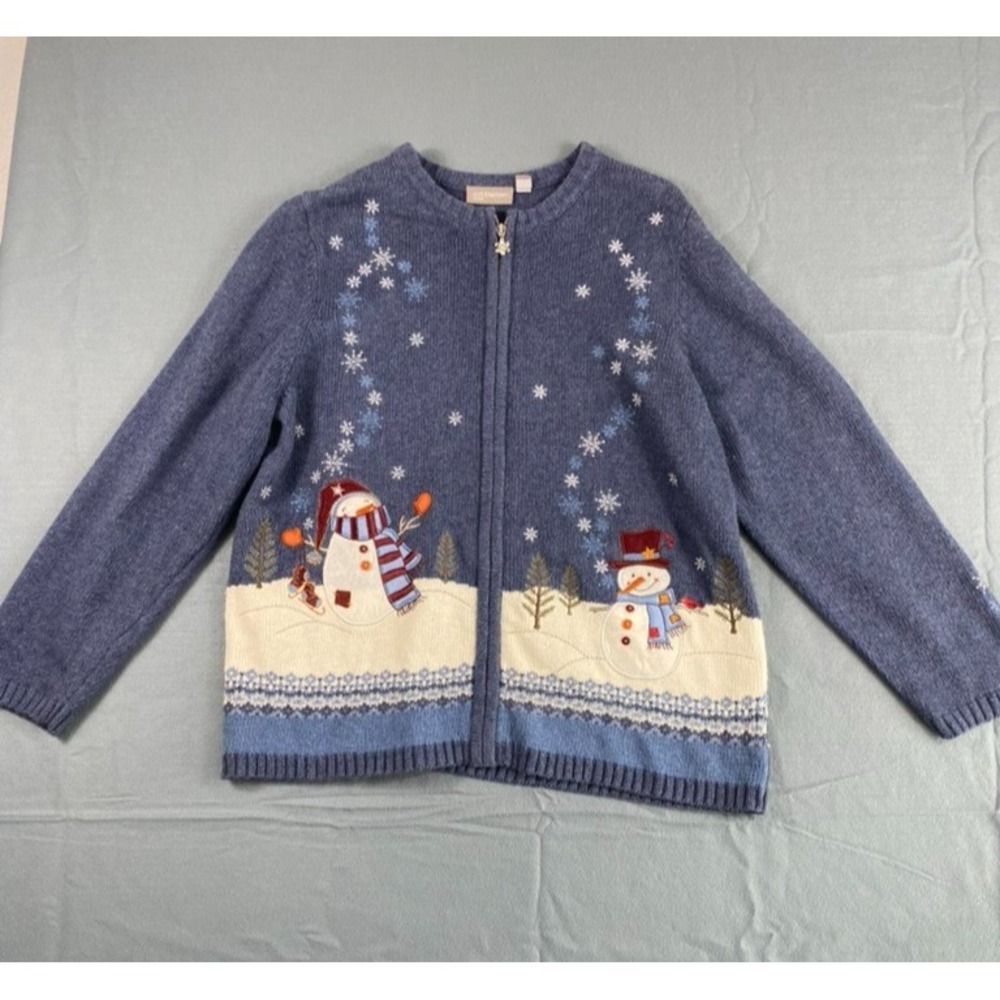 Croft & Barrow Knit Cardigan Sweater Sz 1X Christmas Snowman Embroidery Festive